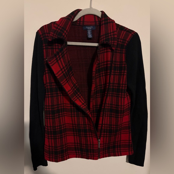 Chaps Red Black zip up sweater warm layer winter plaid print old money sz Small - Picture 5 of 6